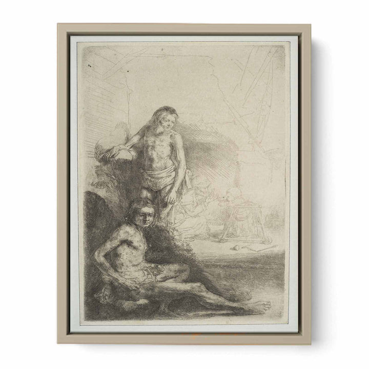 Nude Man seated and another standing, with a Woman and a Baby lightly etched in the Background
 Painting