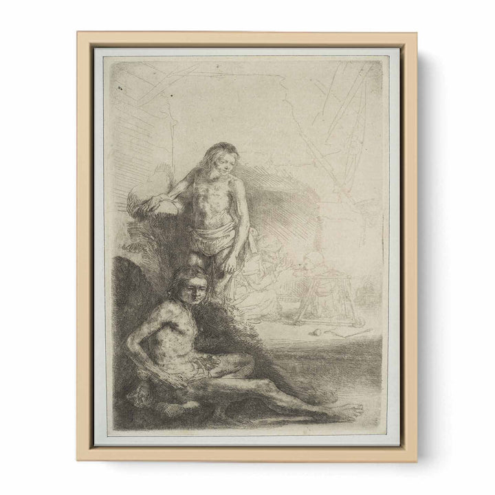 Nude Man seated and another standing, with a Woman and a Baby lightly etched in the Background
 Painting