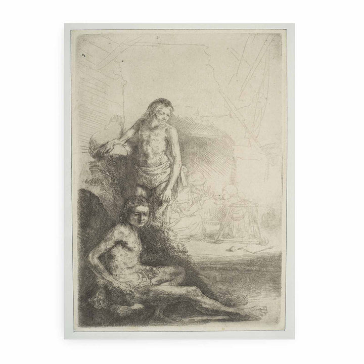 Nude Man seated and another standing, with a Woman and a Baby lightly etched in the Background
 Painting