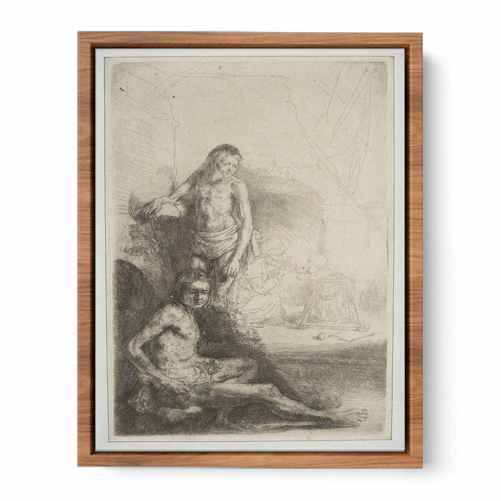 Nude Man seated and another standing, with a Woman and a Baby lightly etched in the Background
 Painting