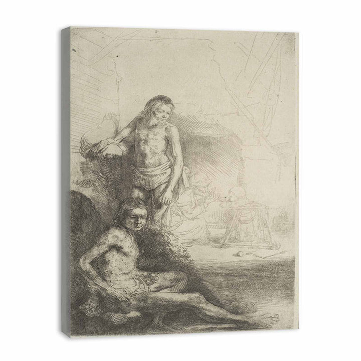 Nude Man seated and another standing, with a Woman and a Baby lightly etched in the Background
 Painting