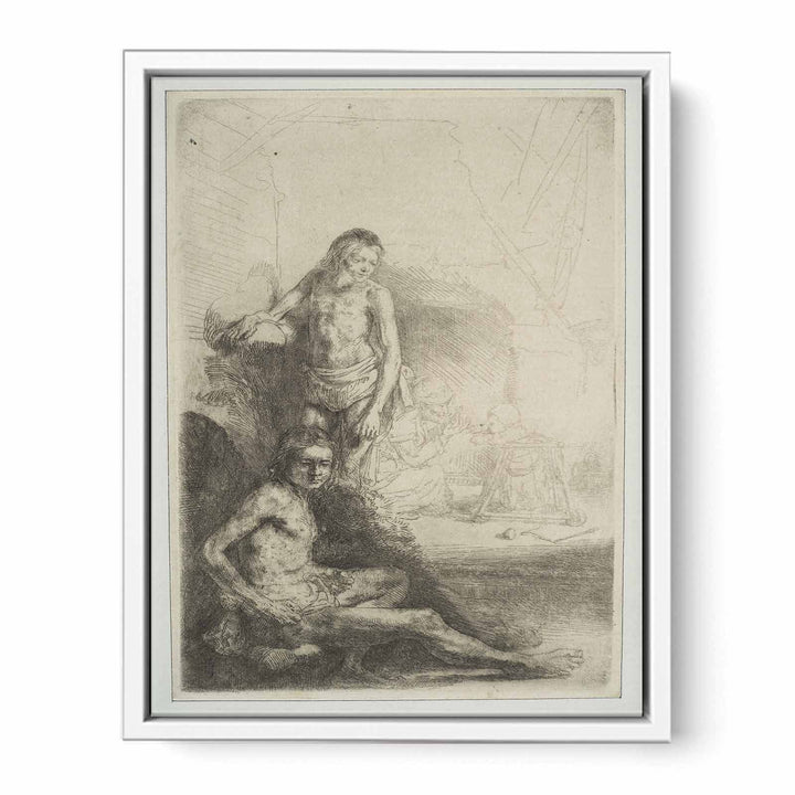 Nude Man seated and another standing, with a Woman and a Baby lightly etched in the Background
 Painting