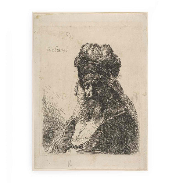 An old bearded Man in a high Fur Cap, with Eyes closed
 Painting