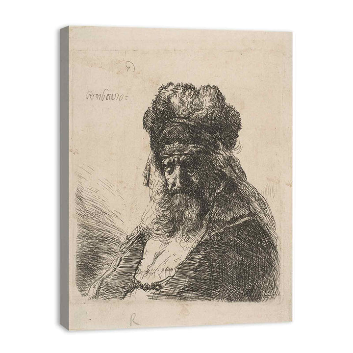 An old bearded Man in a high Fur Cap, with Eyes closed
 Painting