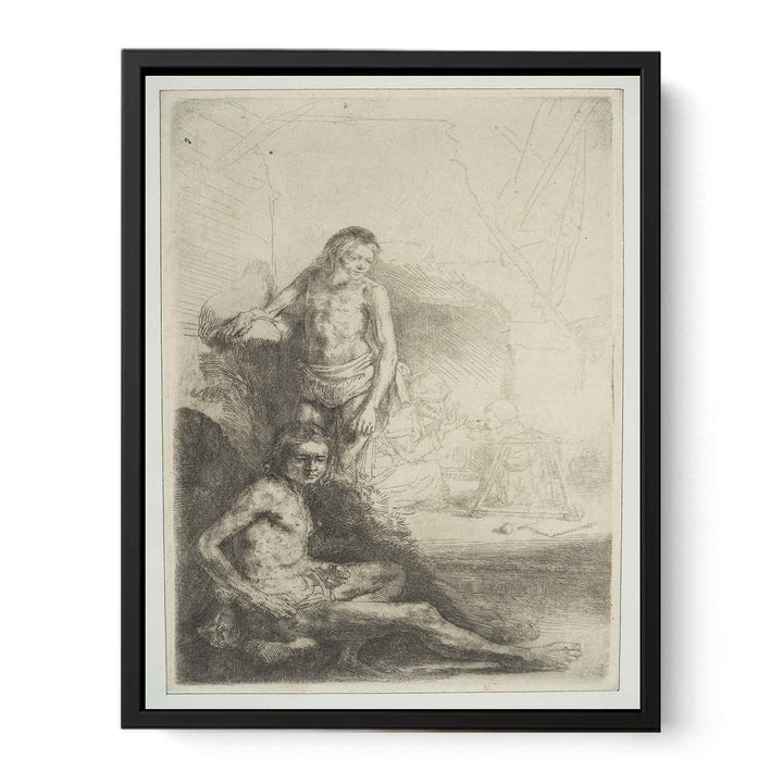 A nude Man seated and another standing, with a Woman and a Baby lightly etched in the Background Painting