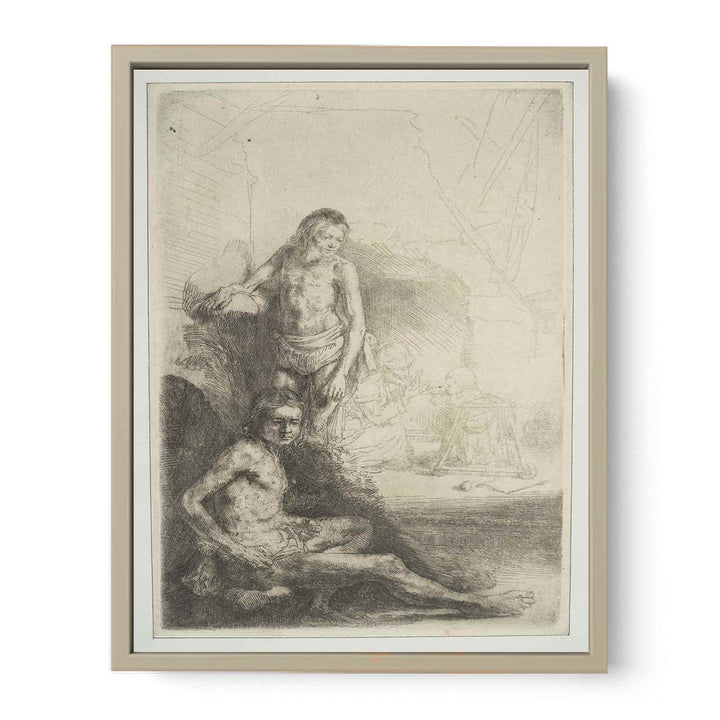 A nude Man seated and another standing, with a Woman and a Baby lightly etched in the Background Painting