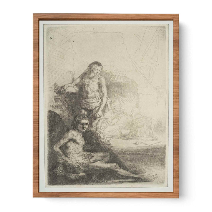 A nude Man seated and another standing, with a Woman and a Baby lightly etched in the Background Painting