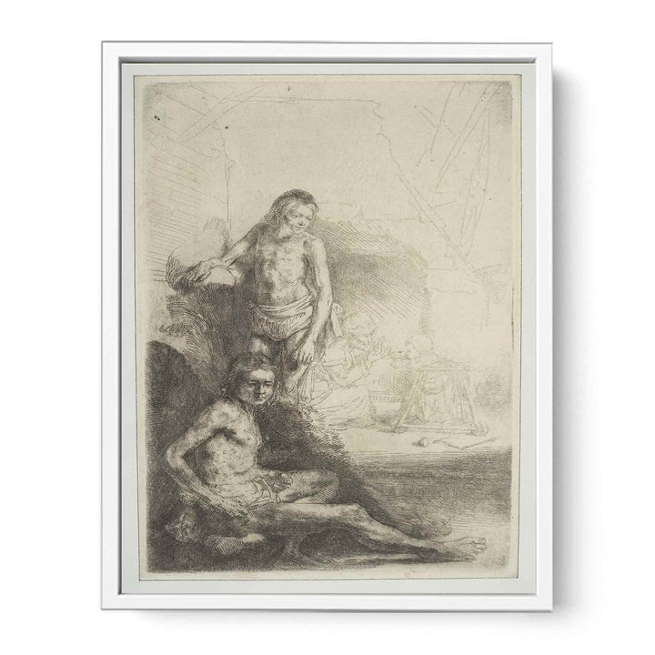 A nude Man seated and another standing, with a Woman and a Baby lightly etched in the Background Painting