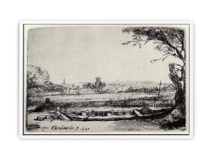 A Canal with a large Boat and Bridge Painting