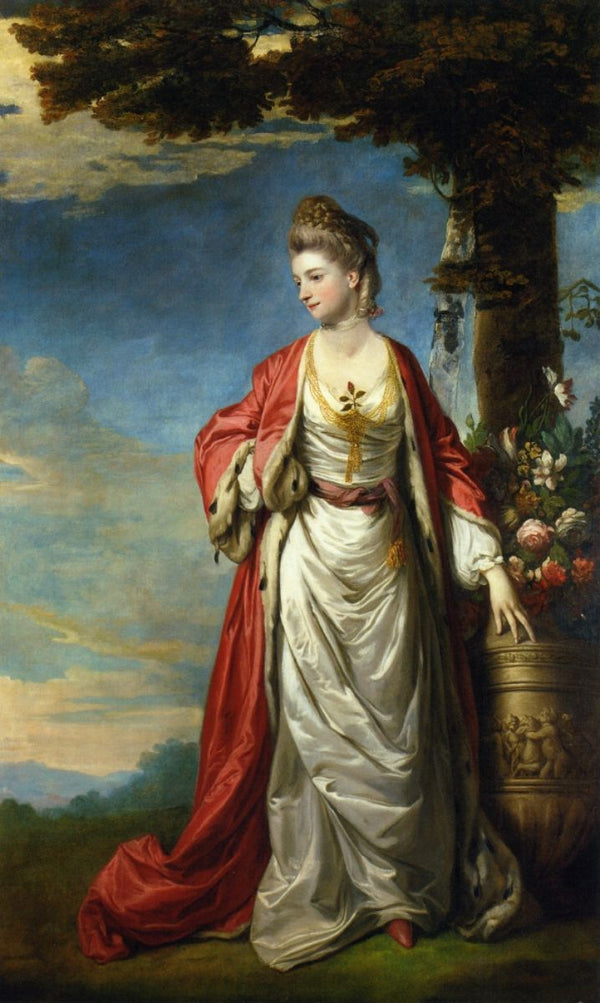 Mrs. Trecothick, Full Length, in 'Turkish' Masquerade Dress, Beside an Urn of Flowers, in a Landscape 