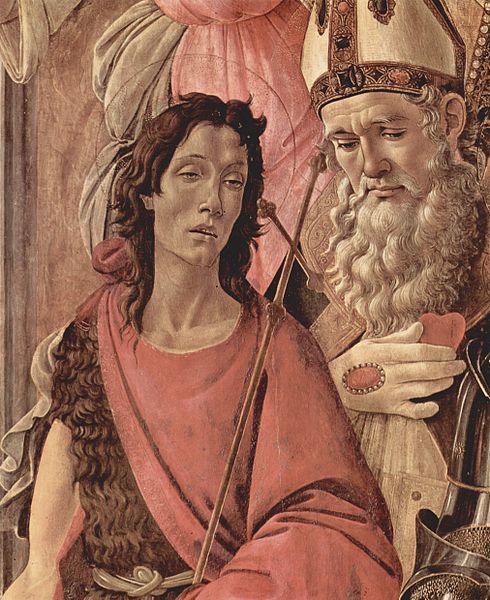 Altarpiece, Madonna Enthroned main panel, four angels and saints, St. John the Baptist detail and St. Ignatius 