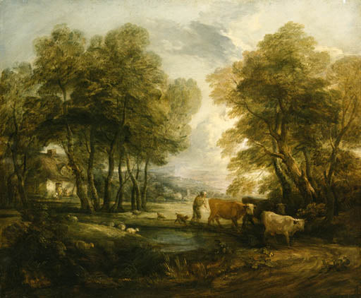 A wooded Landscape with Herdsmen, Cows and Sheep near a Pool, figures outside a cottage beyond 