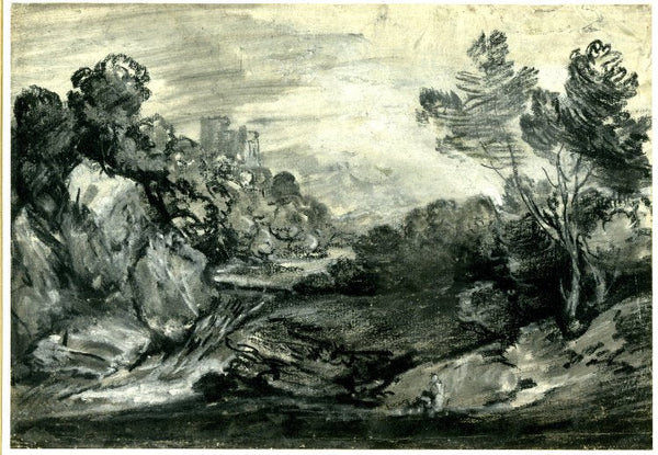 Rocky wooded landscape with waterfall, castle and mountain, 