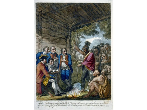 The Indians giving a talk to Colonel Bouquet in a conference at a council fire, near his camp on the banks of Muskingum in North America in Oct. 1764