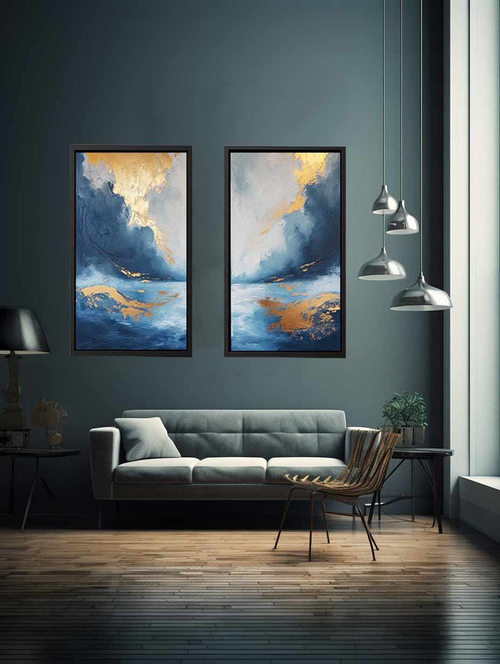 Gold Blue Abstract Waves Art Set