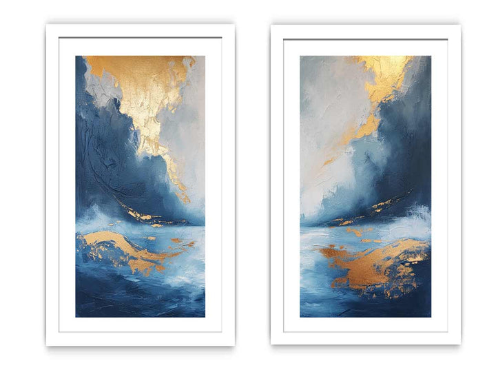Gold Blue Abstract Waves Art Set