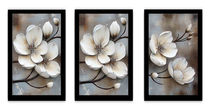 3 Panel White  Flower Painting