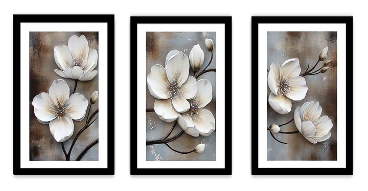3 Panel White  Flower Painting