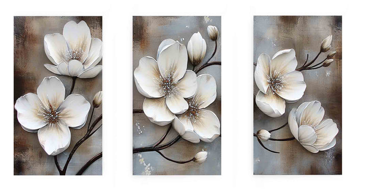 3 Panel White  Flower Painting