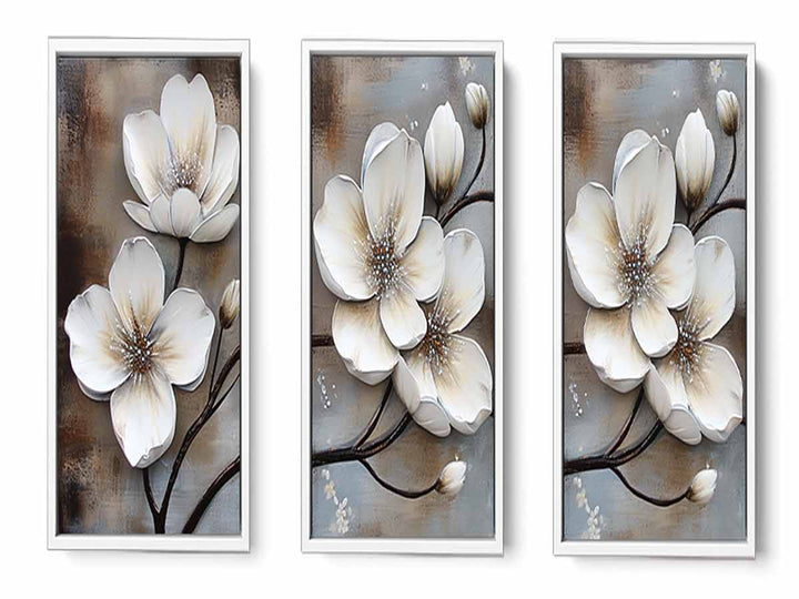 3 Panel White  Flower Painting