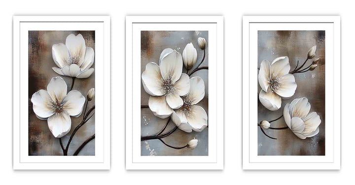 3 Panel White  Flower Painting