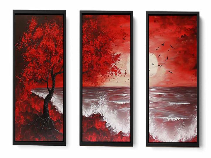 Red Beach Art Painting Set of 3