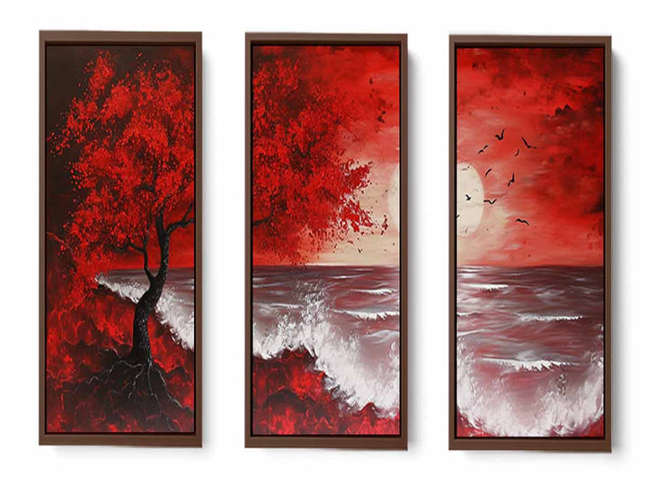 Red Beach Art Painting Set of 3