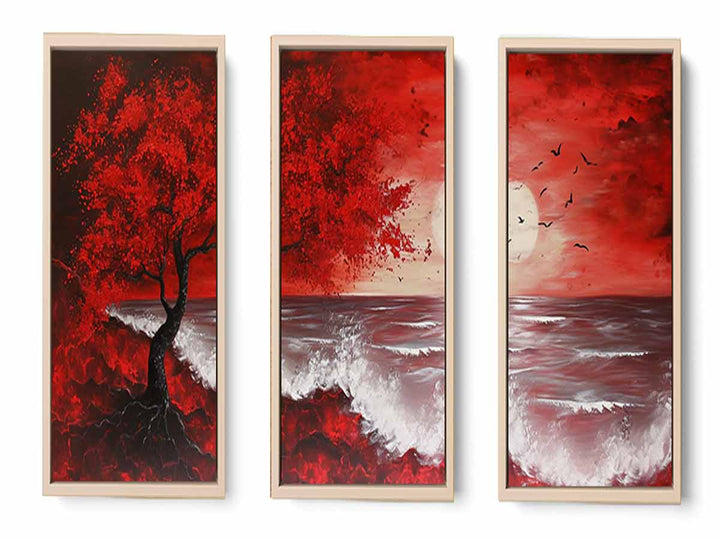 Red Beach Art Painting Set of 3