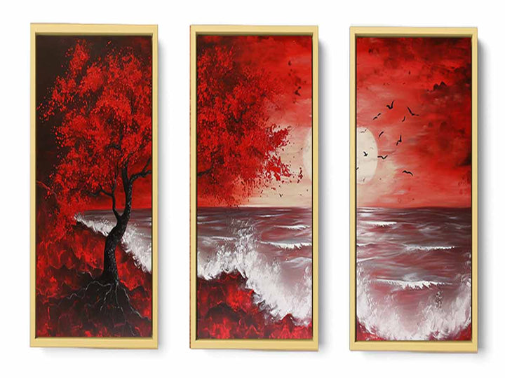 Red Beach Art Painting Set of 3