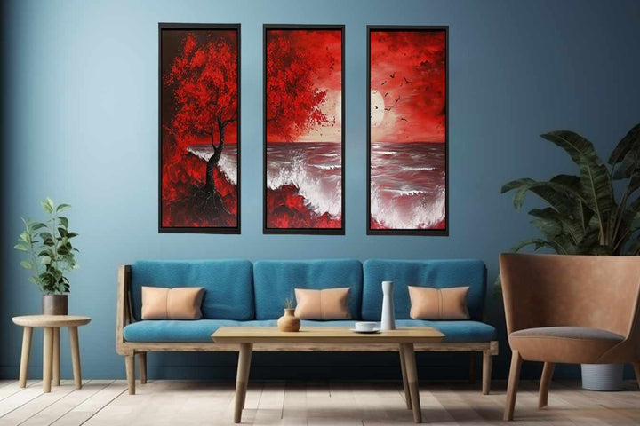 Red Beach Art Painting Set of 3