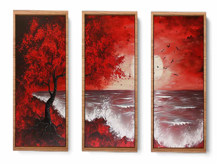 Red Beach Art Painting Set of 3