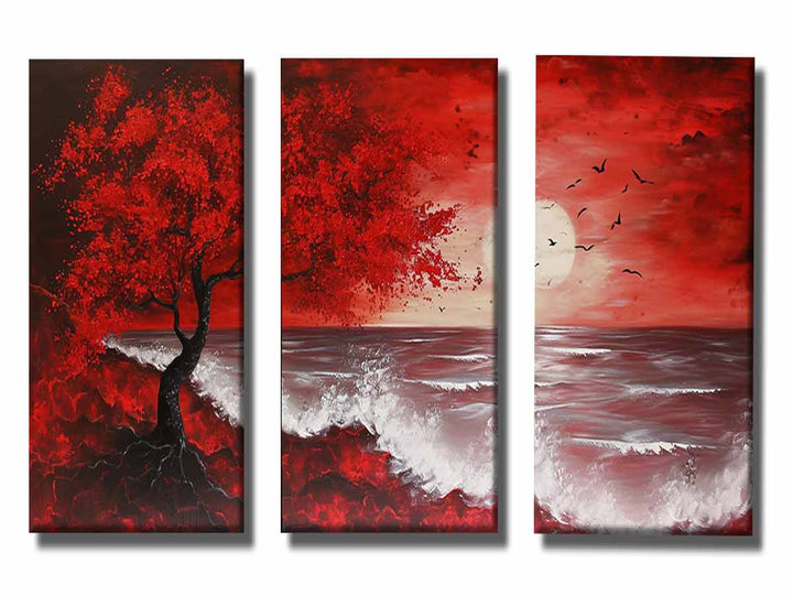 Red Beach Art Painting Set of 3