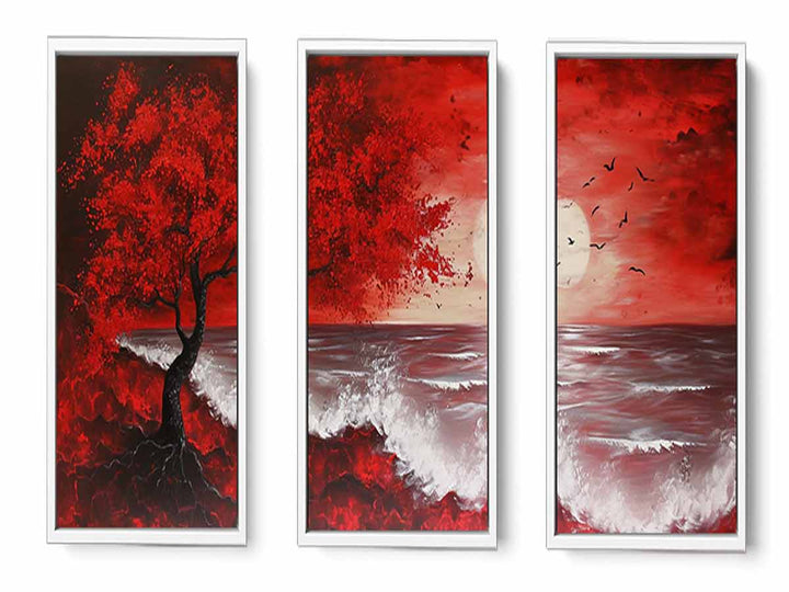 Red Beach Art Painting Set of 3