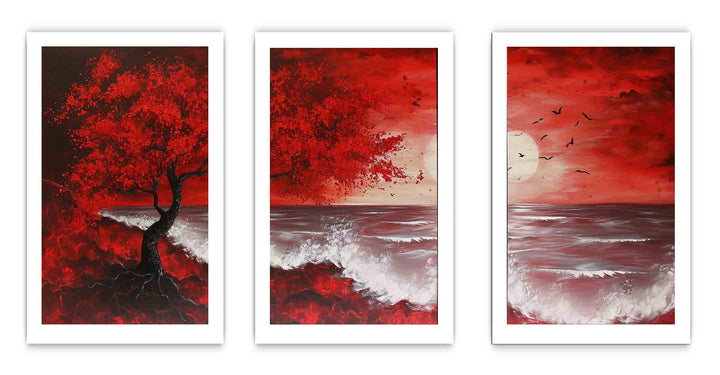 Red Beach Art Painting Set of 3
