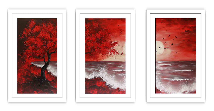 Red Beach Art Painting Set of 3