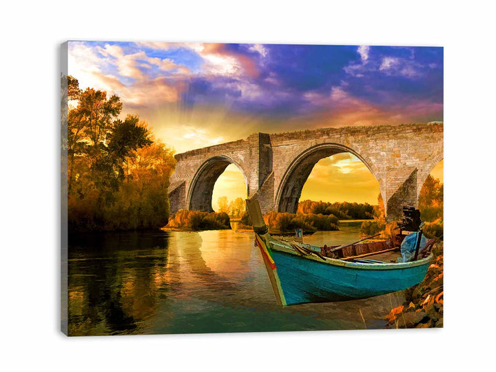 Vintage Boat Bridge Painting 
