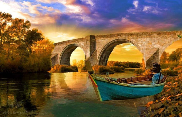 Vintage Boat Bridge Painting 