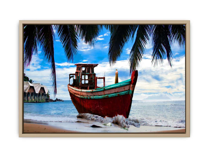 Vintage  Boat  Beach Painting 