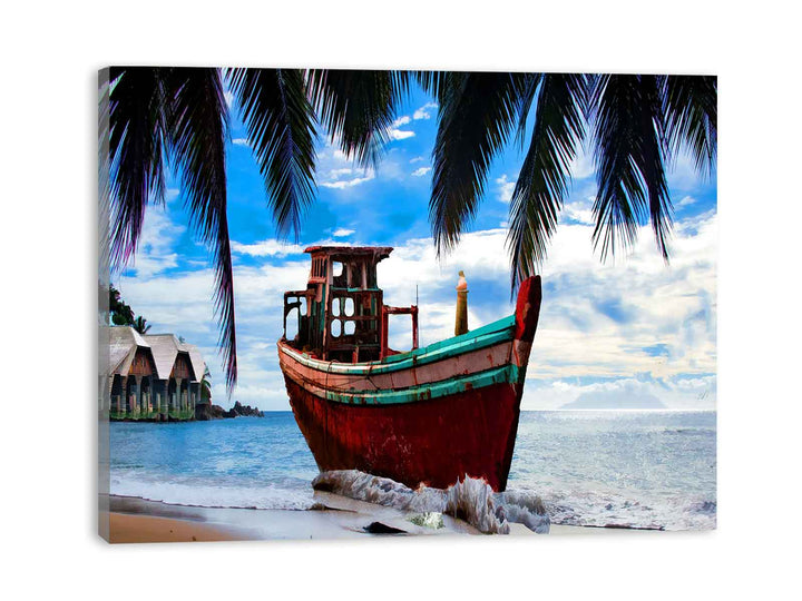 Vintage  Boat  Beach Painting 