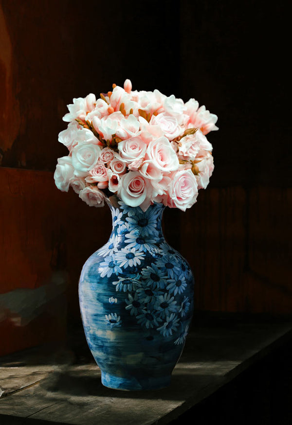 Blue Pot Roses Painting
